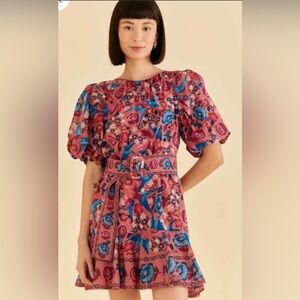 Farm Rio floral birds blush mini dress XS NWT